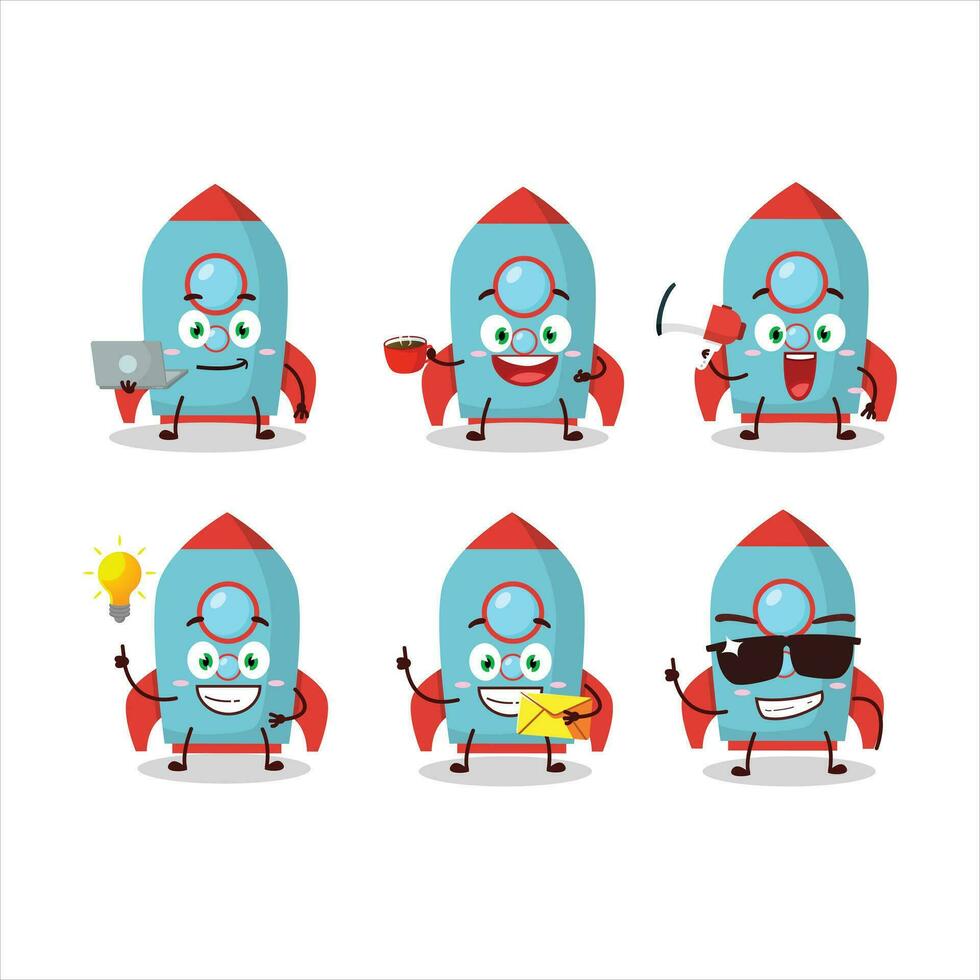 Blue rocket firecracker cartoon character with various types of business emoticons vector