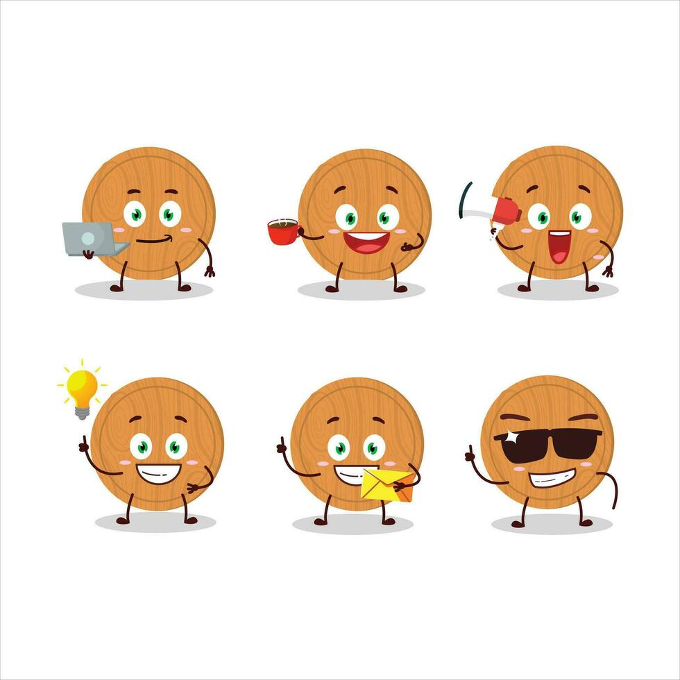 Circle wood cutting board cartoon character with various types of business emoticons vector