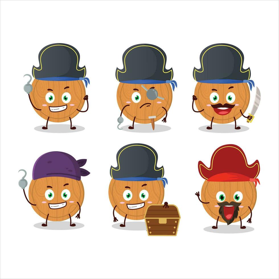 dibujos animados personaje de circulo madera corte tablero con varios piratas emoticones vector