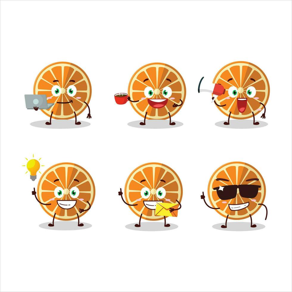 nuevo naranja dibujos animados personaje con varios tipos de negocio emoticones vector