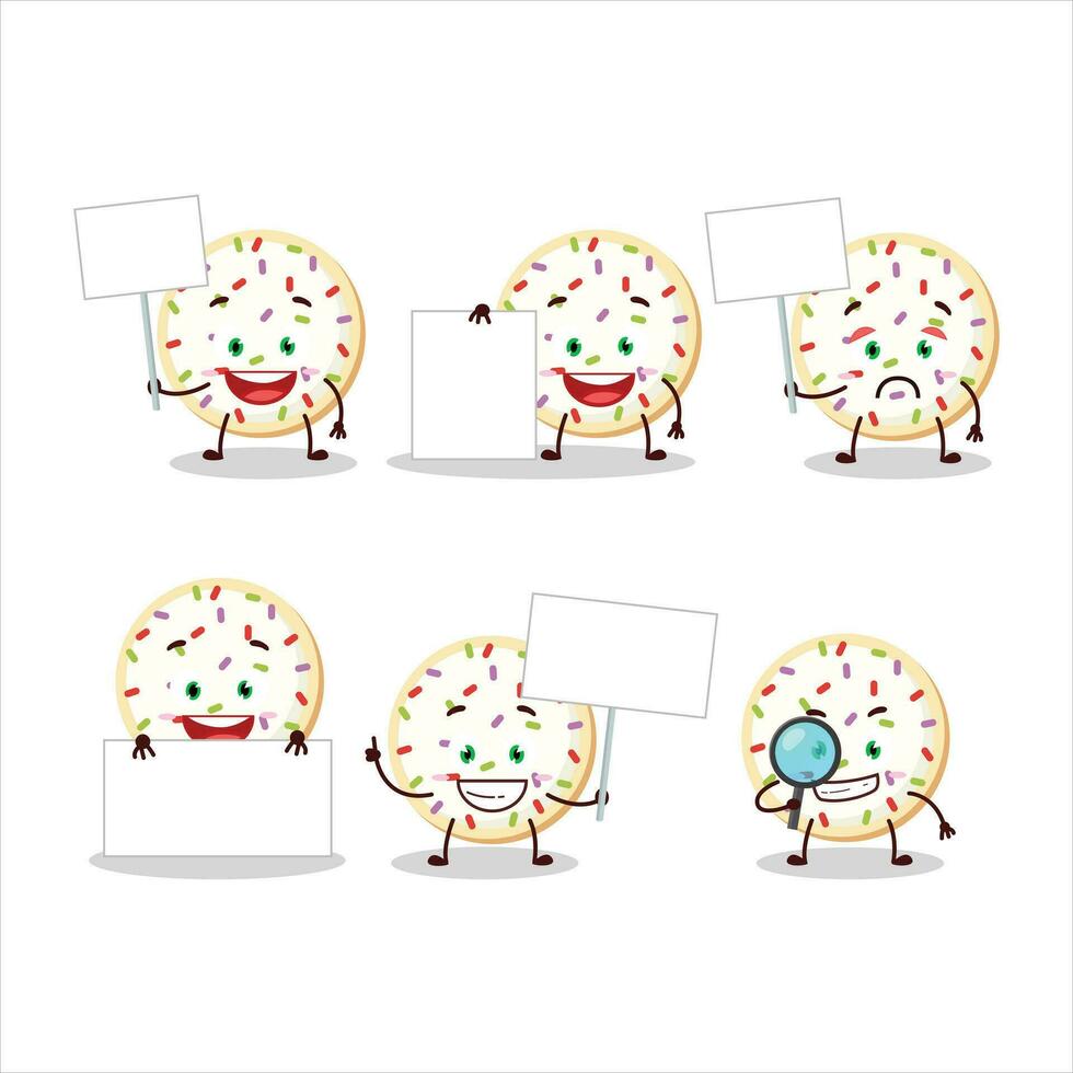 Sugar cookies cartoon character bring information board vector