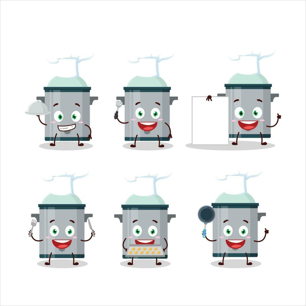 Cartoon character of cooking pan with various chef emoticons vector