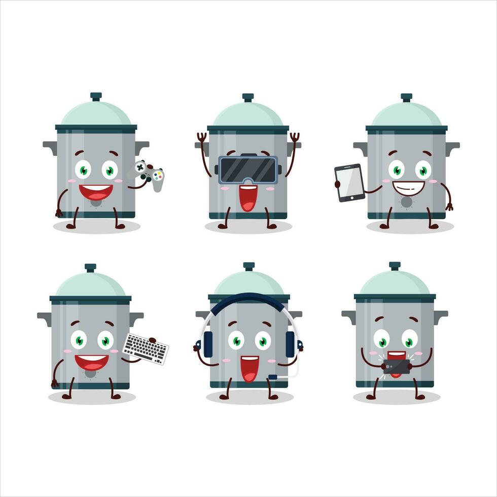 Cooking pan cartoon character are playing games with various cute emoticons vector