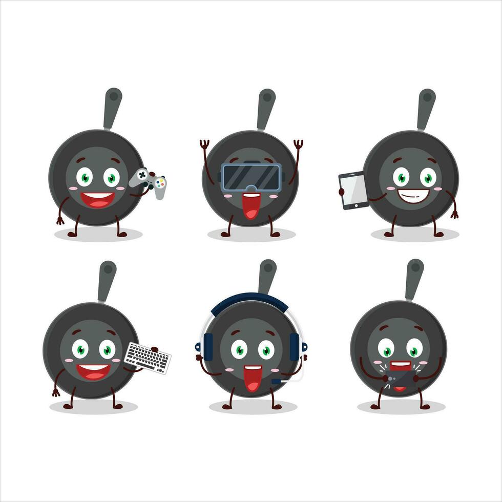 Frying pan cartoon character are playing games with various cute emoticons vector