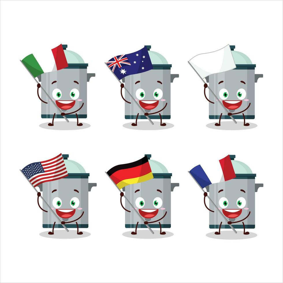 Cooking pan cartoon character bring the flags of various countries vector