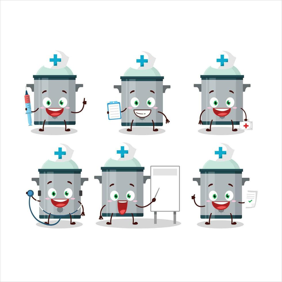 Doctor profession emoticon with cooking pan cartoon character vector