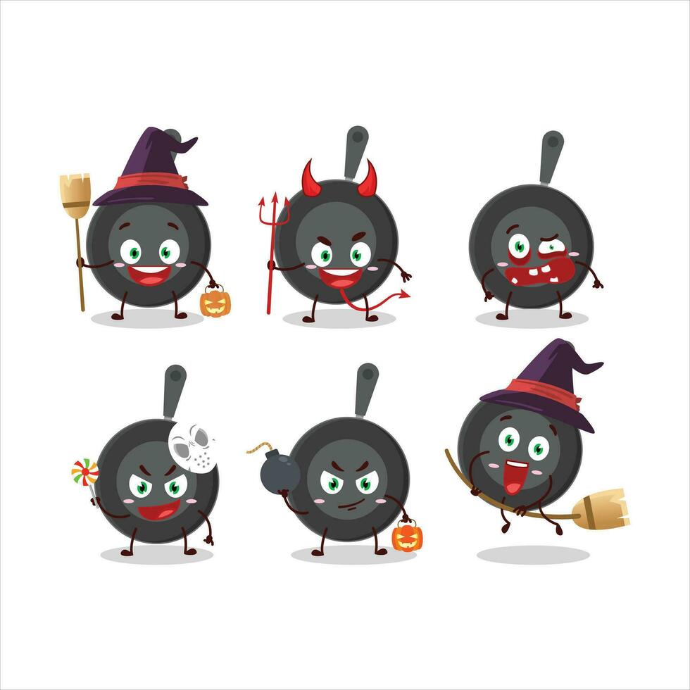 Halloween expression emoticons with cartoon character of frying pan vector