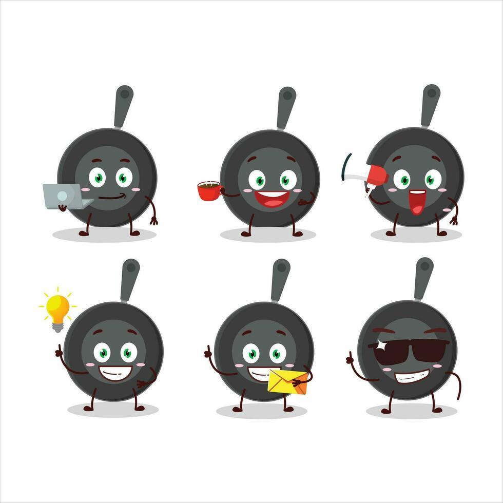 Frying pan cartoon character with various types of business emoticons vector