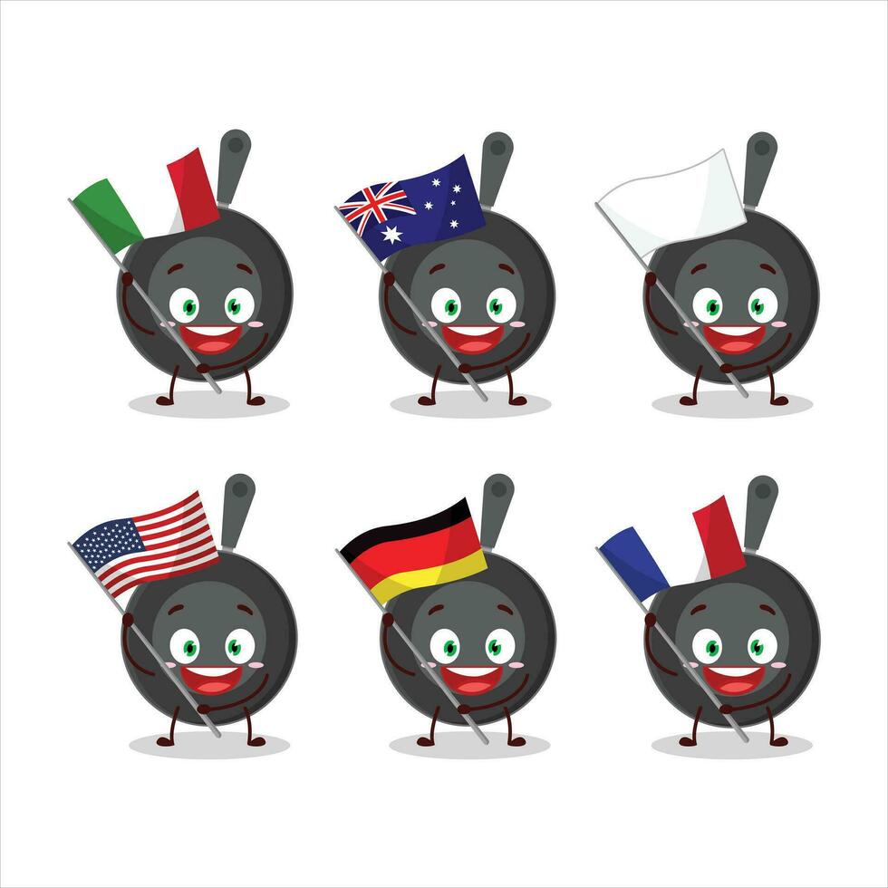 Frying pan cartoon character bring the flags of various countries vector