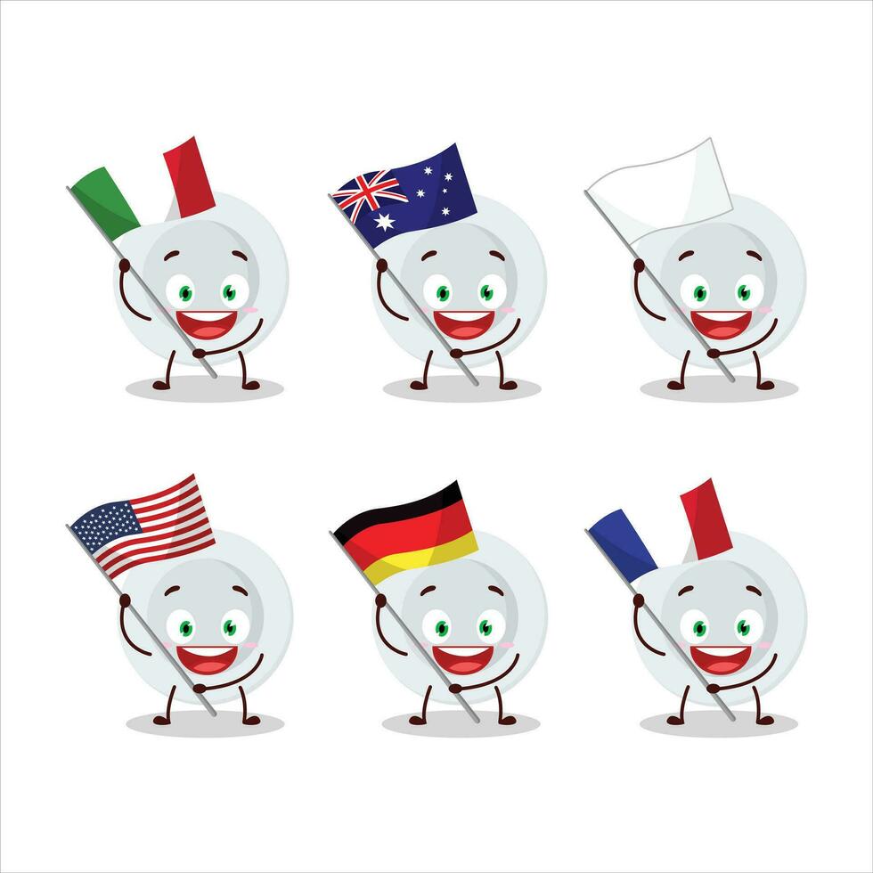 nuevo blanco plato dibujos animados personaje traer el banderas de varios países vector