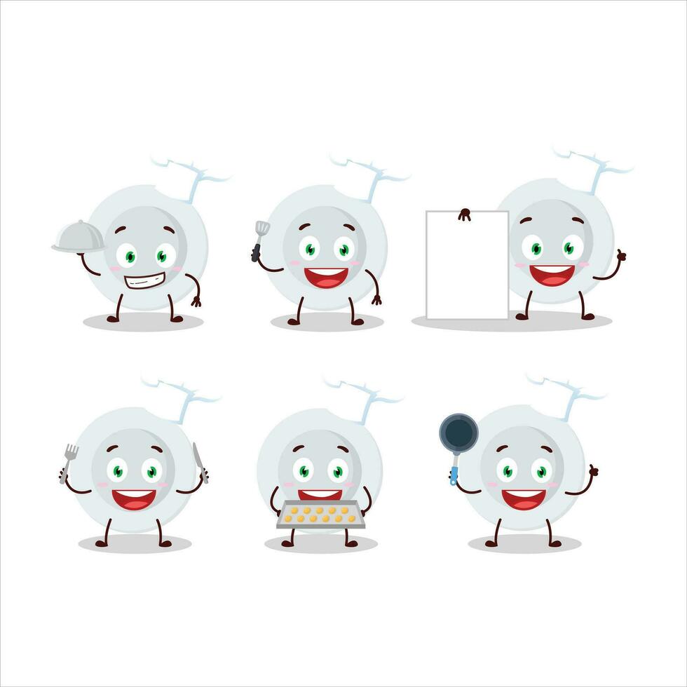 dibujos animados personaje de nuevo blanco plato con varios cocinero emoticones vector
