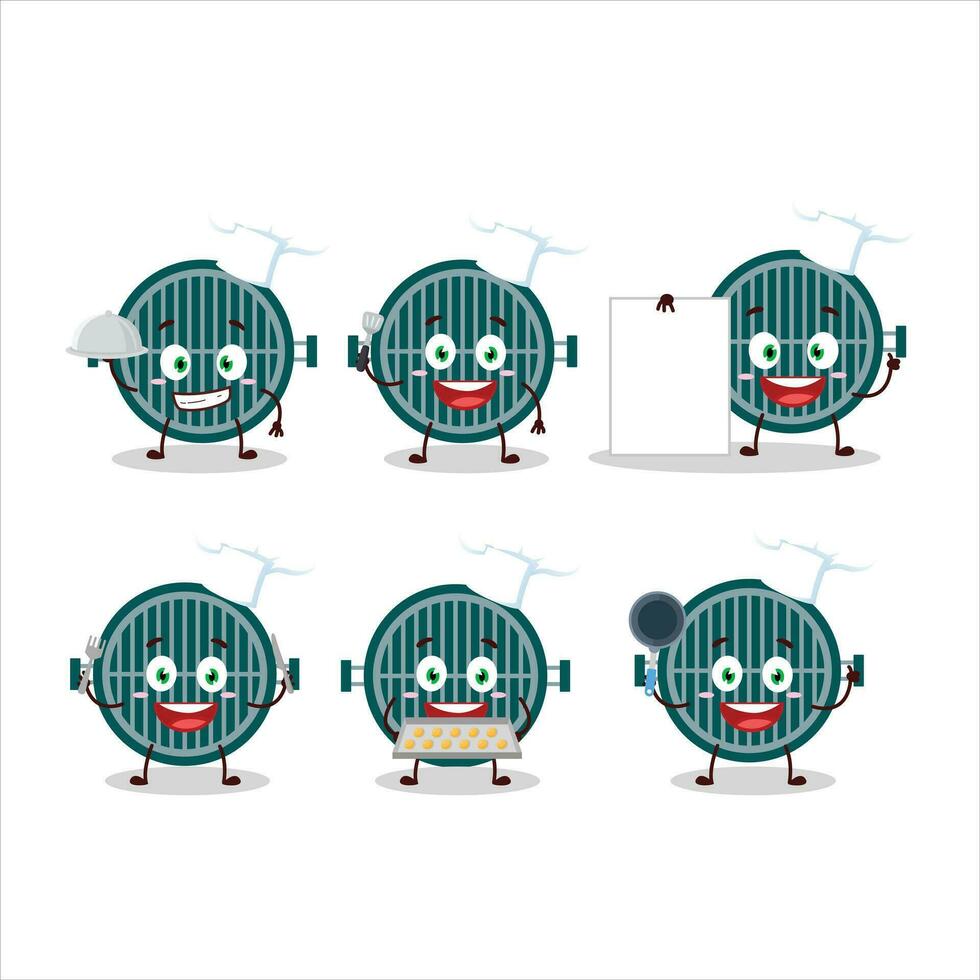 Cartoon character of grill with various chef emoticons vector