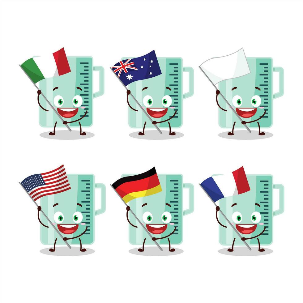 medición taza dibujos animados personaje traer el banderas de varios países vector