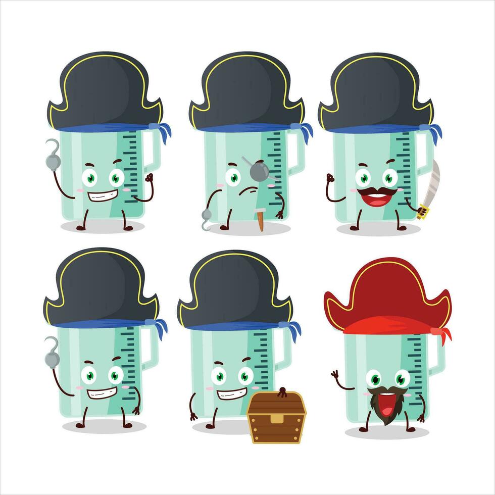 dibujos animados personaje de medición taza con varios piratas emoticones vector