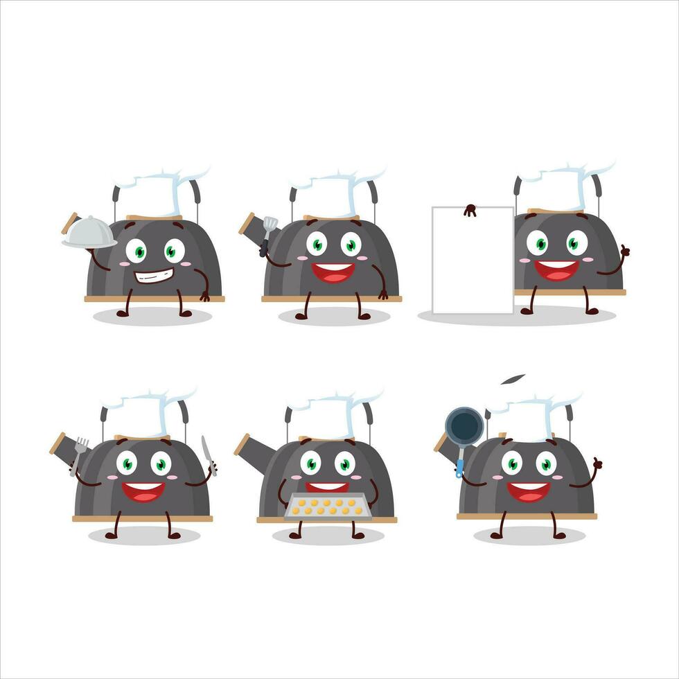 Cartoon character of black teapot with various chef emoticons vector