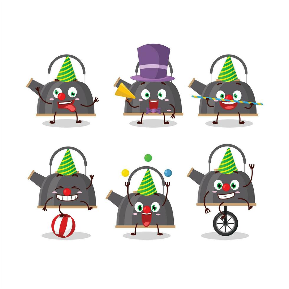 Cartoon character of black teapot with various circus shows vector