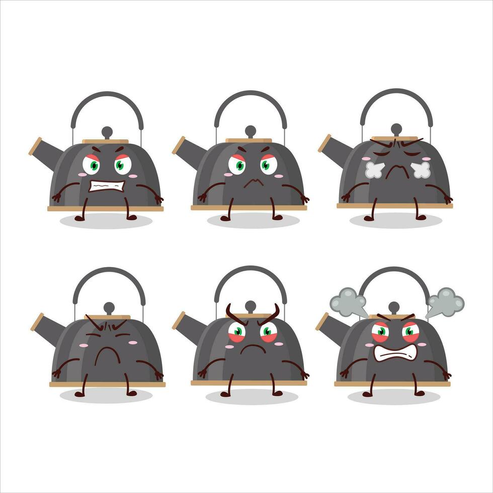 Black teapot cartoon character with various angry expressions vector