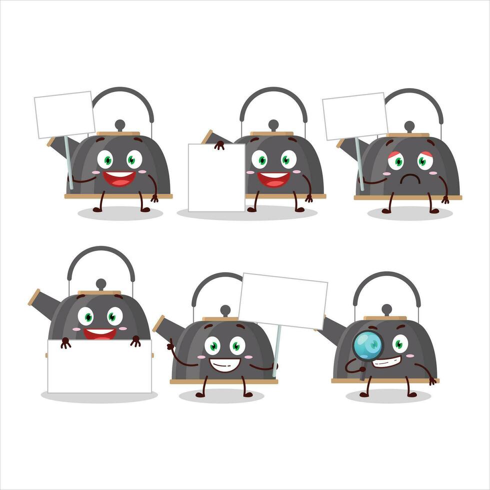 Black teapot cartoon character bring information board vector