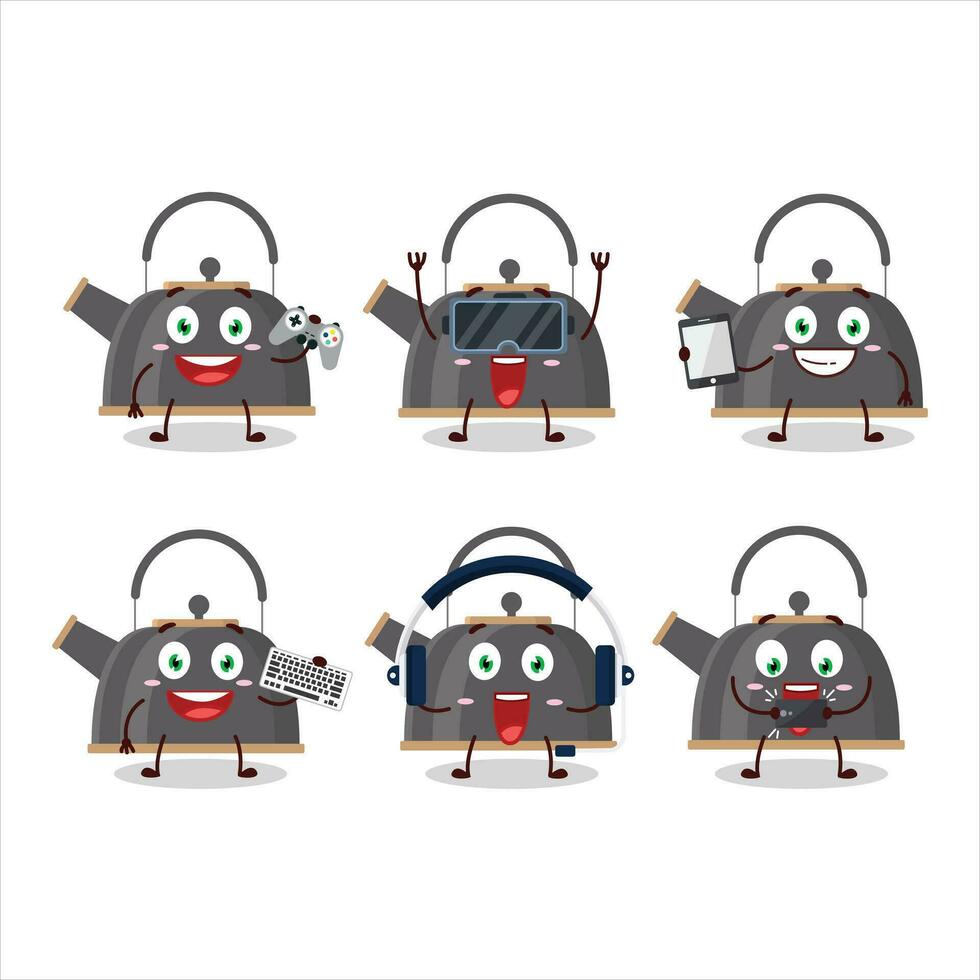 Black teapot cartoon character are playing games with various cute emoticons vector