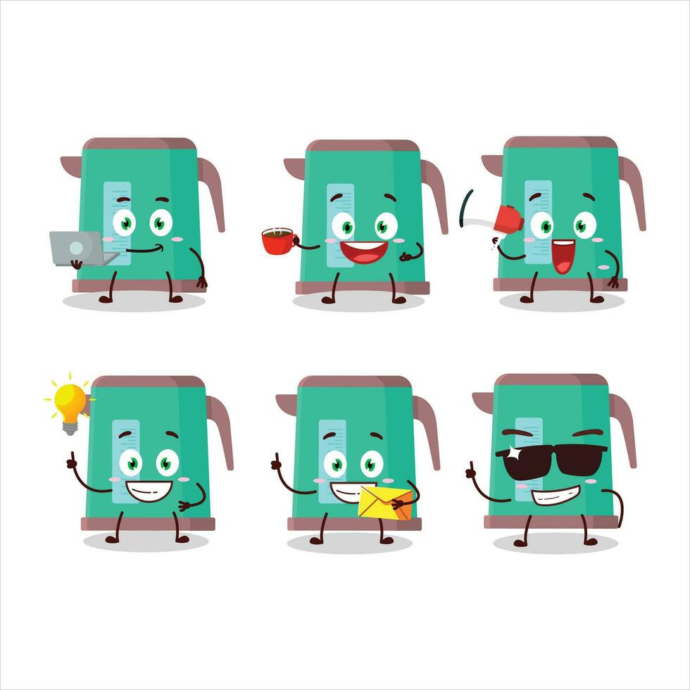 Digital kettle cartoon character with various types of business emoticons vector