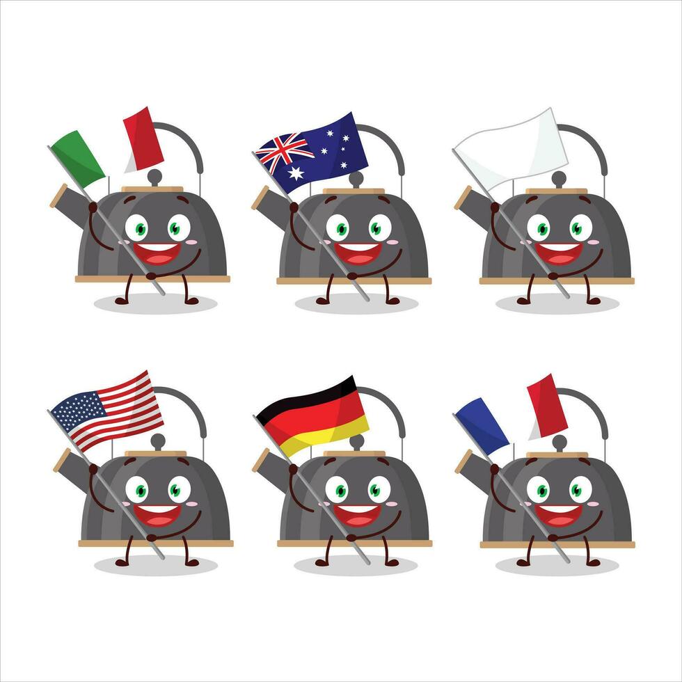 negro tetera dibujos animados personaje traer el banderas de varios países vector