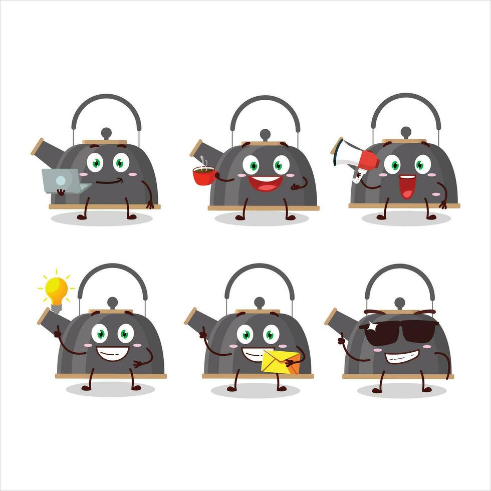 Black teapot cartoon character with various types of business emoticons