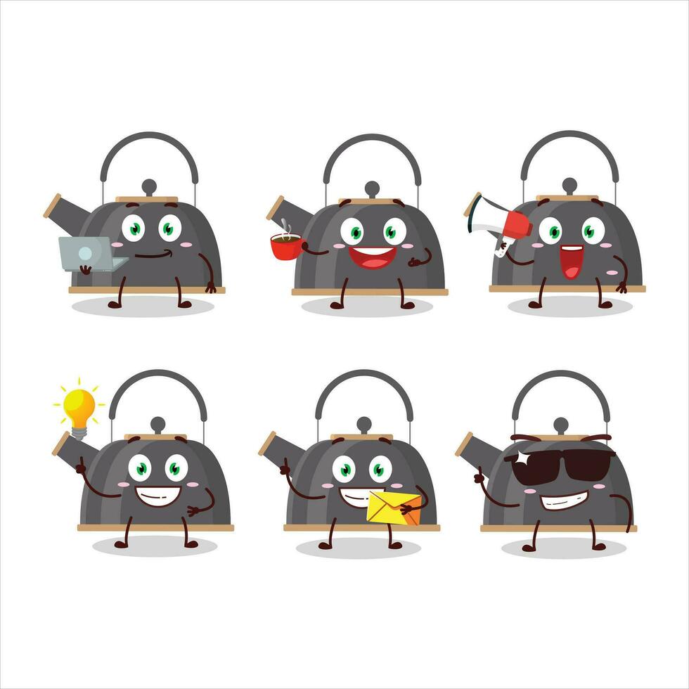 Black teapot cartoon character with various types of business emoticons vector