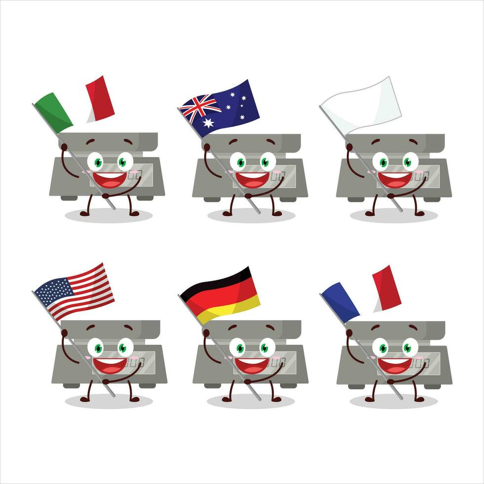 Digital weight cartoon character bring the flags of various countries vector