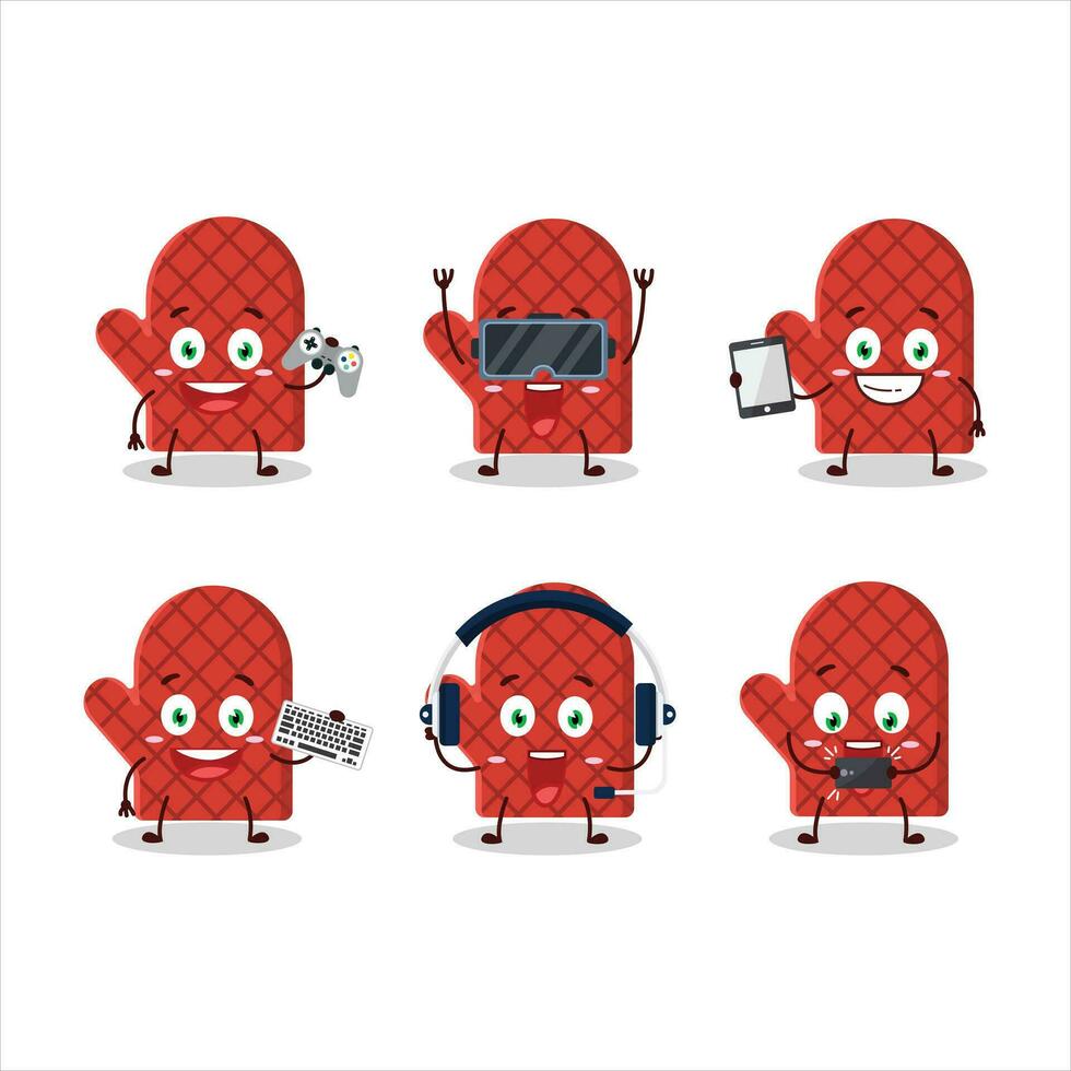 Oven mitt cartoon character are playing games with various cute emoticons vector