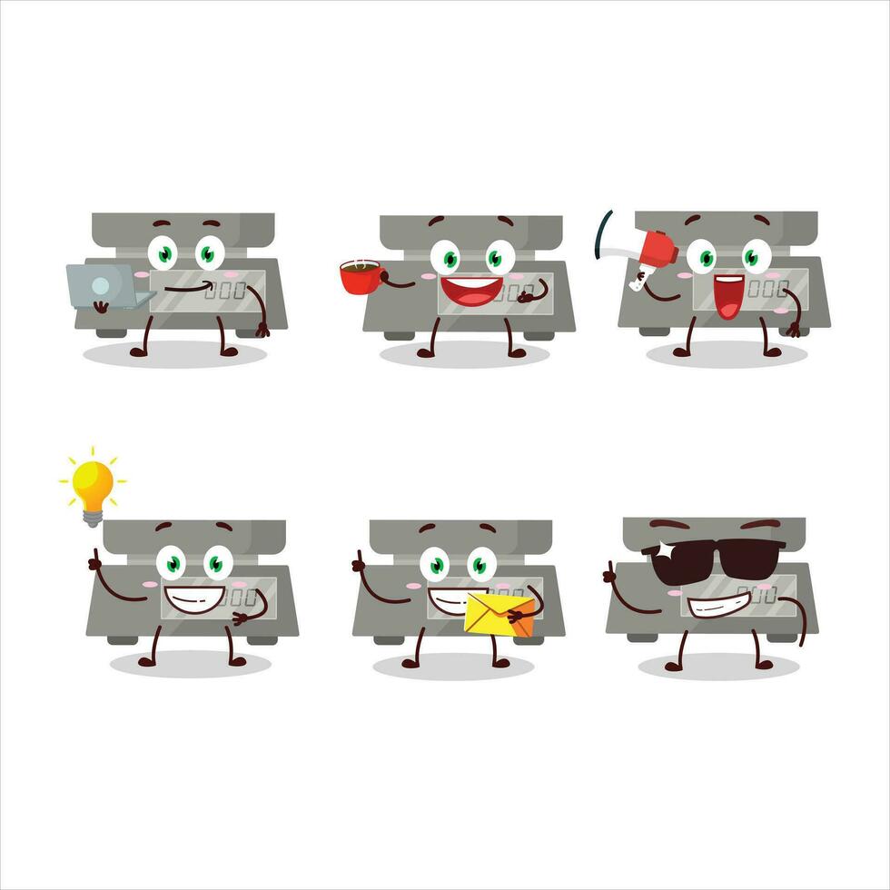 Digital weight cartoon character with various types of business emoticons vector