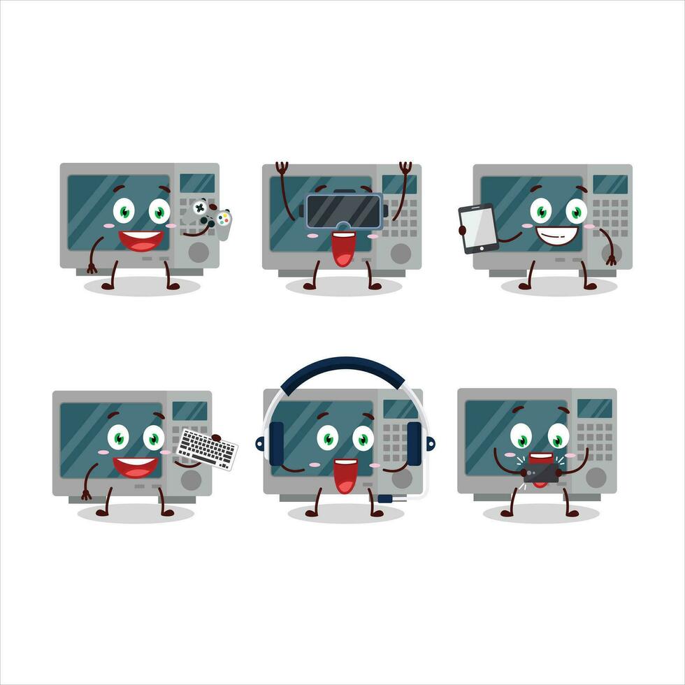 Oven cartoon character are playing games with various cute emoticons vector