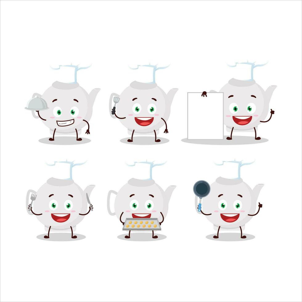 dibujos animados personaje de cerámico tetera con varios cocinero emoticones vector