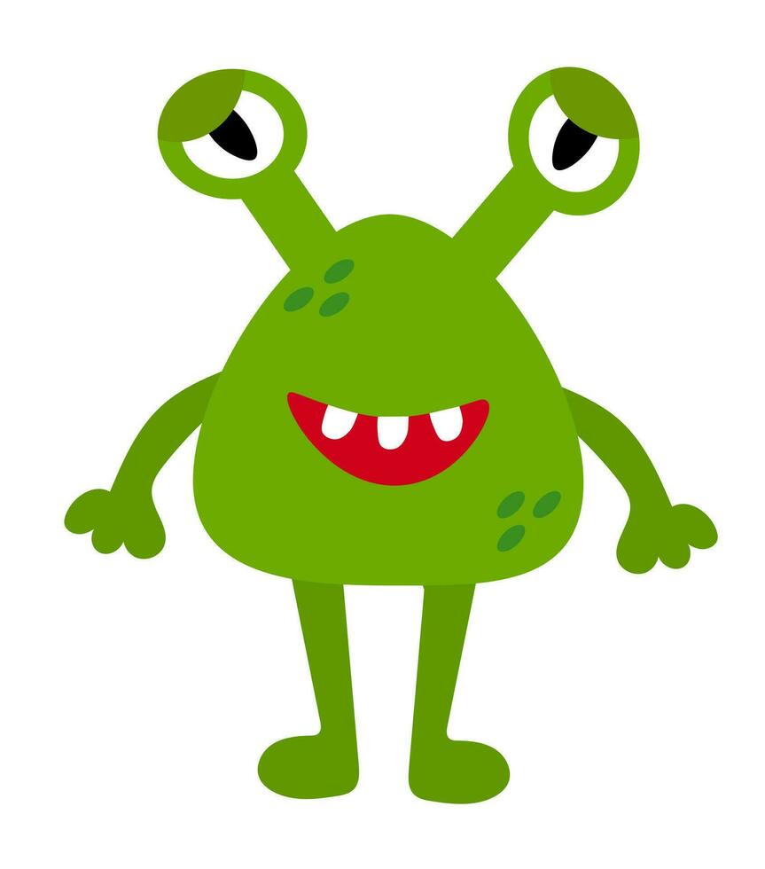 Cartoon green goggle-eyed monster. Kids character design for poster, baby products logo and packaging. Vector flat illustration.
