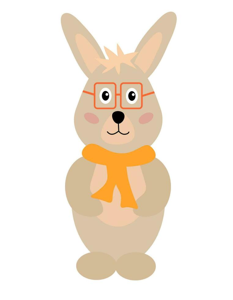 Cute rabbit with scarf and glasses. Autumn cartoon forest animal. Concept for children design. Vector flat illustration.