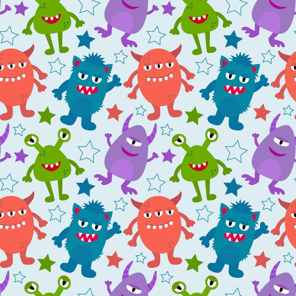 Cute colorful alien and monsters seamless pattern for kids design. vector
