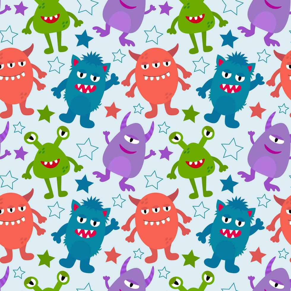 Cute colorful alien and monsters seamless pattern for kids design. vector