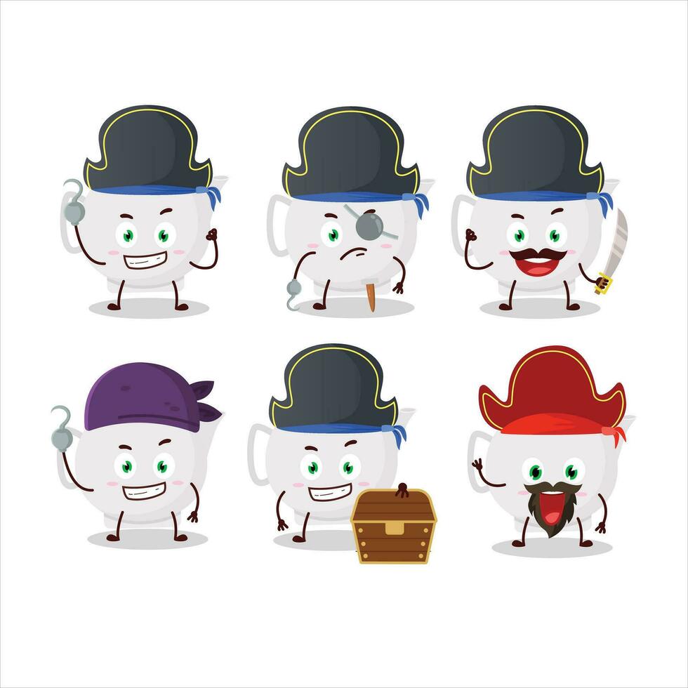 dibujos animados personaje de cerámico tetera con varios piratas emoticones vector