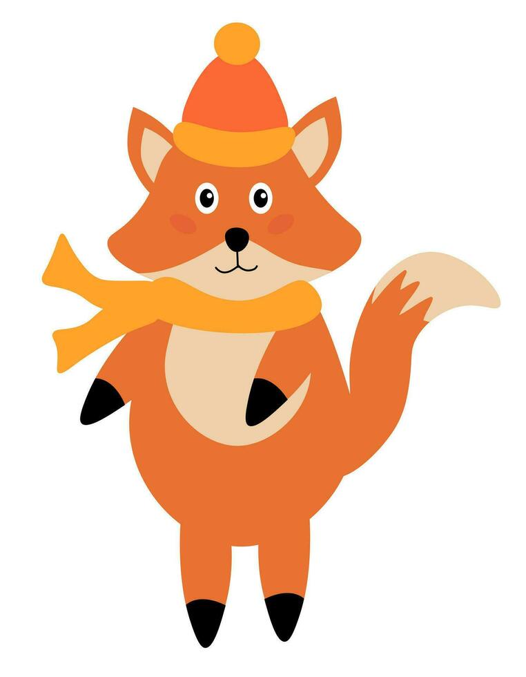 Cute fox in hat and scarf. Autumn cartoon forest animal. Concept for children design. Vector flat illustration.