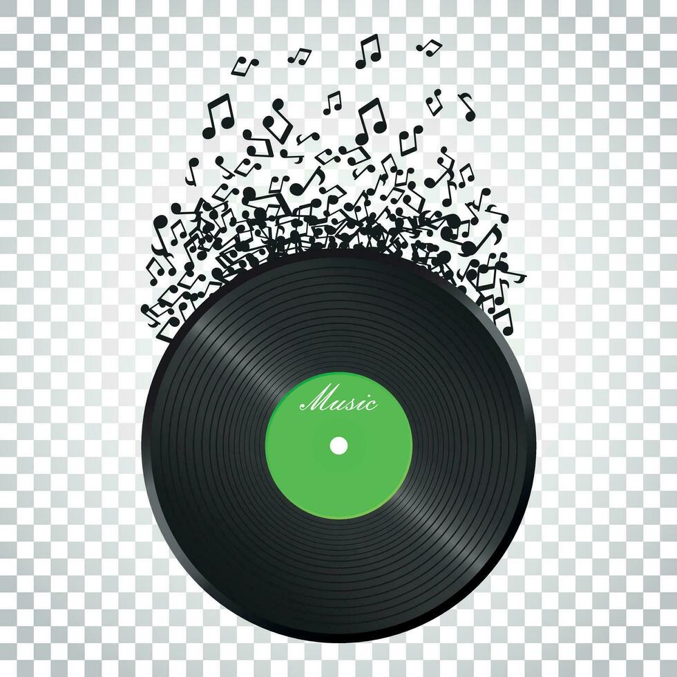 Vinyl disk with flying sound note. Music disk vector illustration. Sound record. Business concept simple flat pictogram on isolated background.