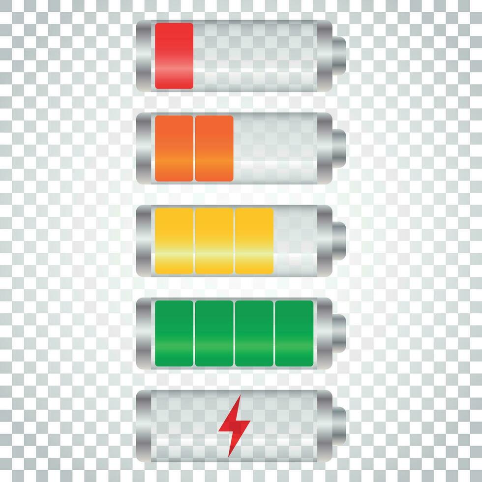 Set of battery charge level indicator. Vector illustration on isolated background. Simple business concept pictogram.
