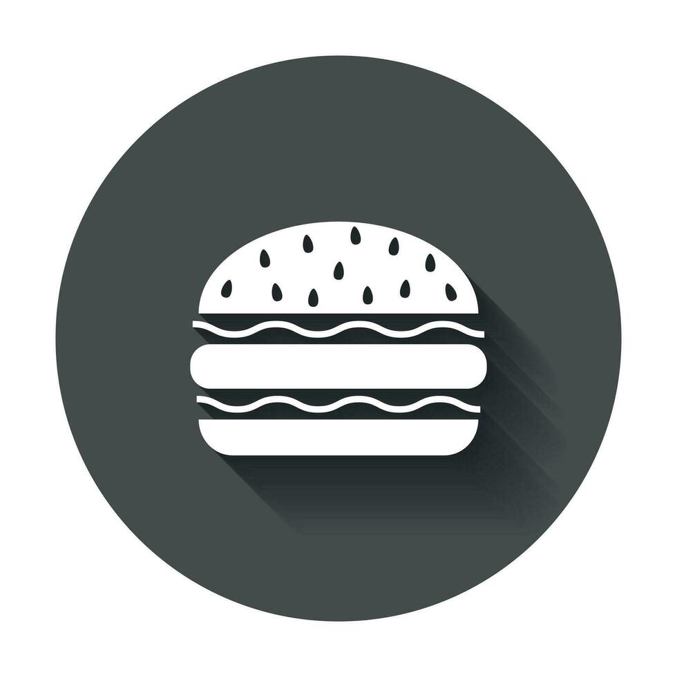 Burger fast food flat vector icon. Hamburger symbol logo illustration on black round background with long shadow.