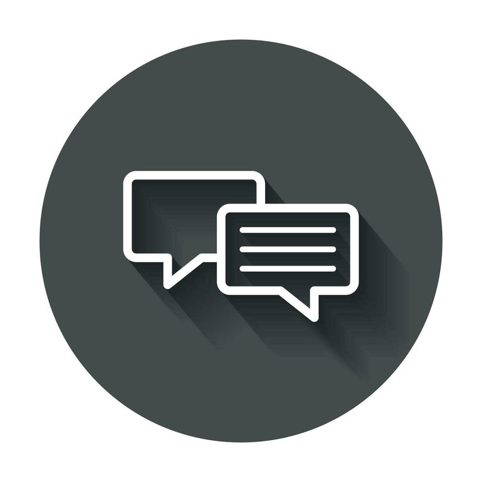 Speech bubble flat vector icon. Discussion dialog logo illustration. Business pictogram concept on black round background with long shadow.