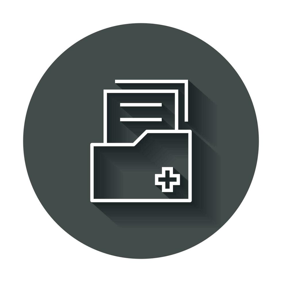 Document flat vector icon. Archive data file symbol logo illustration on black round background with long shadow.