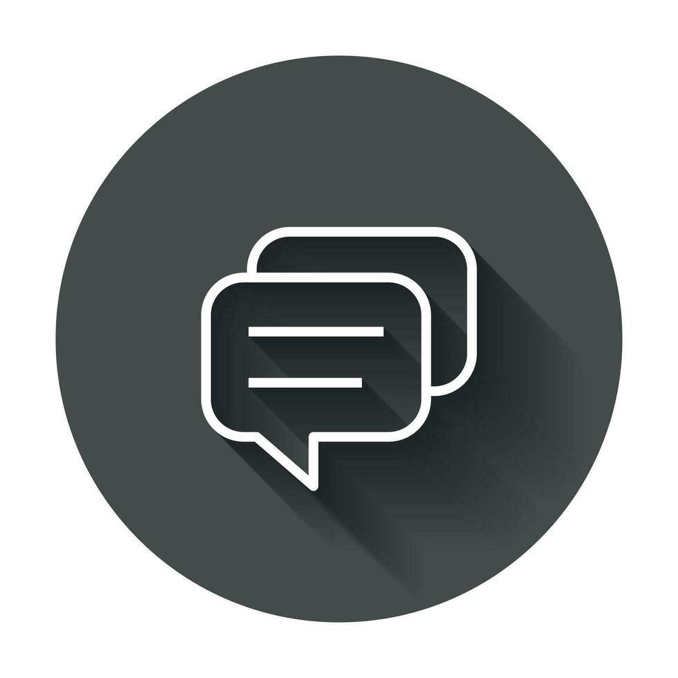 Speech bubble flat vector icon. Discussion dialog logo illustration. Business pictogram concept on black round background with long shadow.