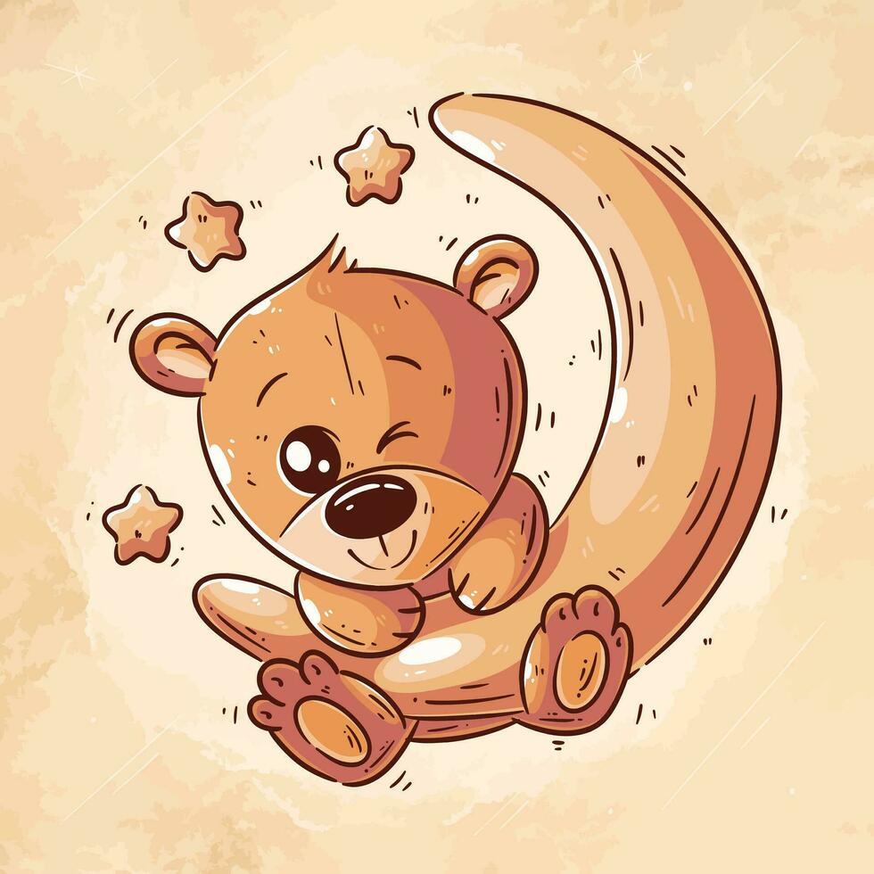 linda oso colgando en el Luna dibujos animados vector