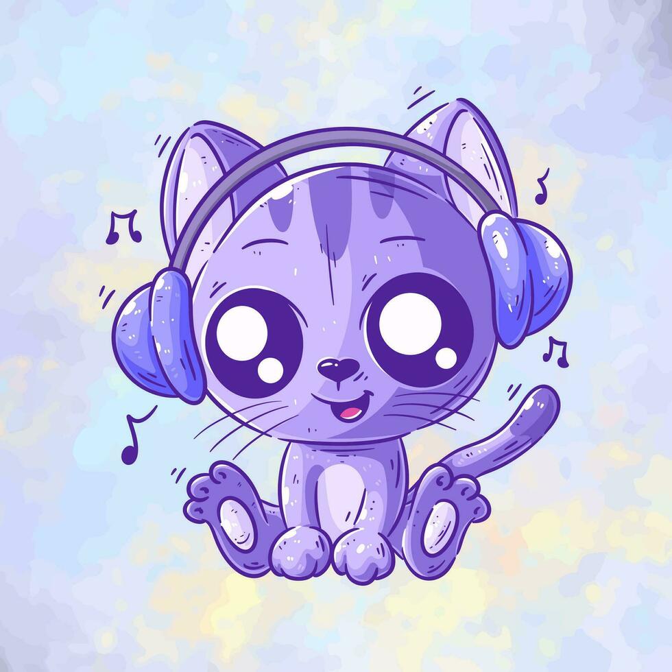 Cute cat sitting listening to music cartoon vector