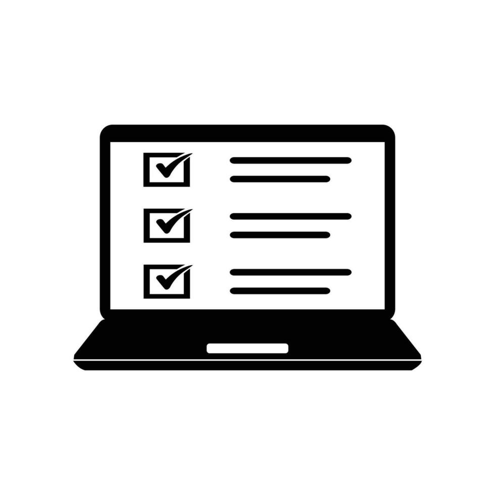 Online survey sign icon in flat style. Questionnaire vector illustration on isolated background. Laptop, computer screen banner business concept.