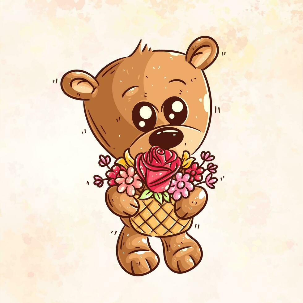 linda oso en pie que lleva un ramo de flores de flores dibujos animados vector