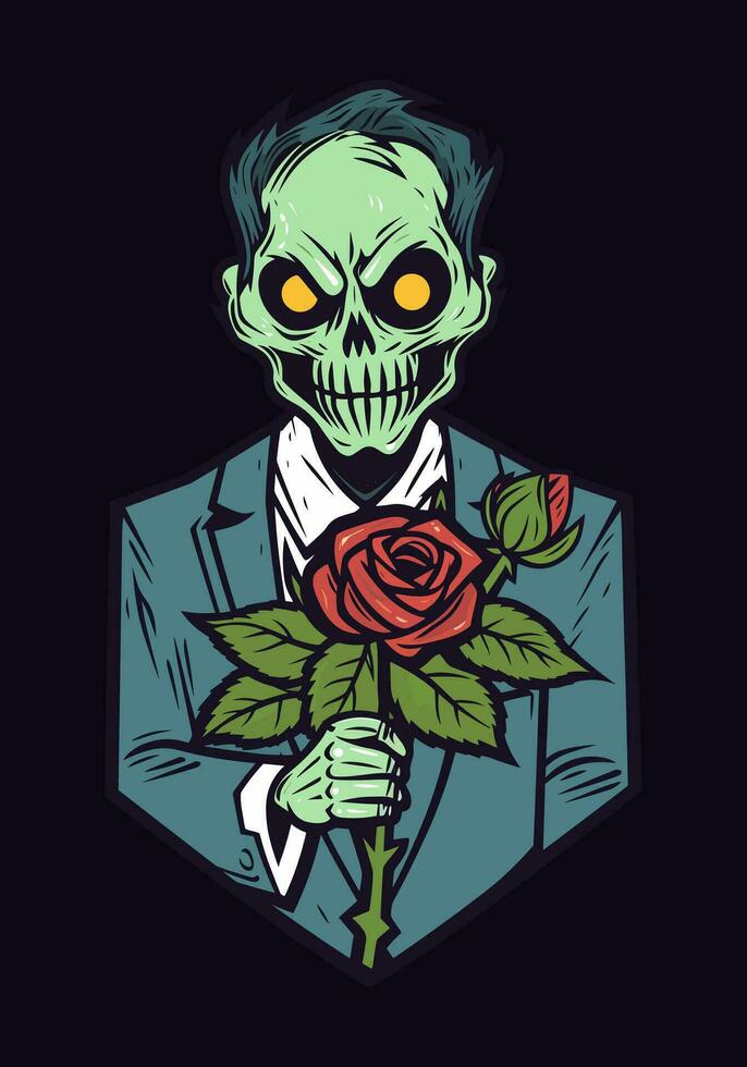 Love never dies in this unique illustration where romantic zombies embrace amidst a bed of blooming roses, a symbol of everlasting affection vector