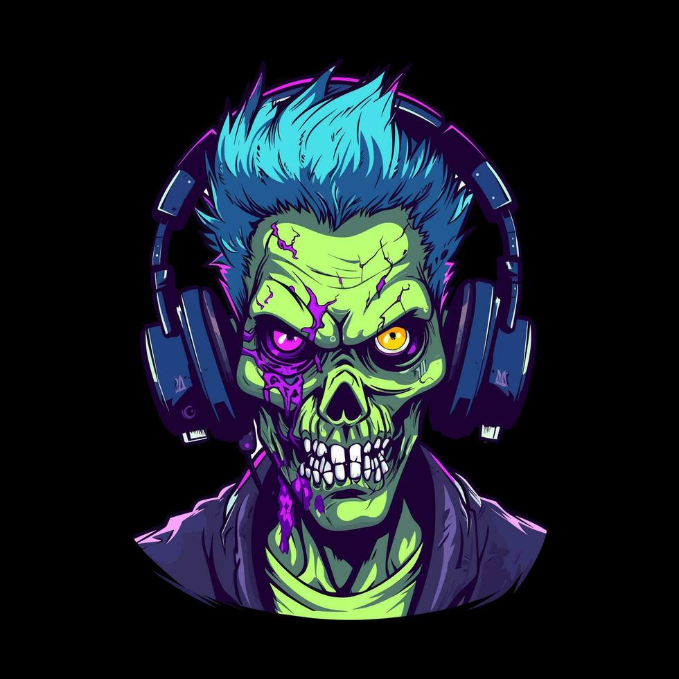 desatraillar el musical muertos vivientes con un zombi deportivo auriculares en esta Relajado dibujado a mano ilustración vector